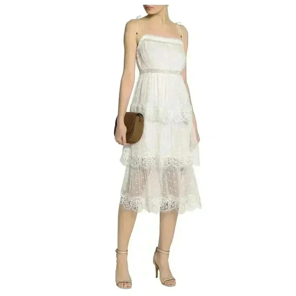 ZIMMERMANN Silk Lace Midi Dress Tiered Ivory 0 Floral Cut Out Sleeveless Bridal